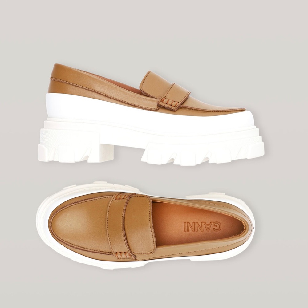 Ganni Calf Leather Platform Loafers in Chipmunk Brown